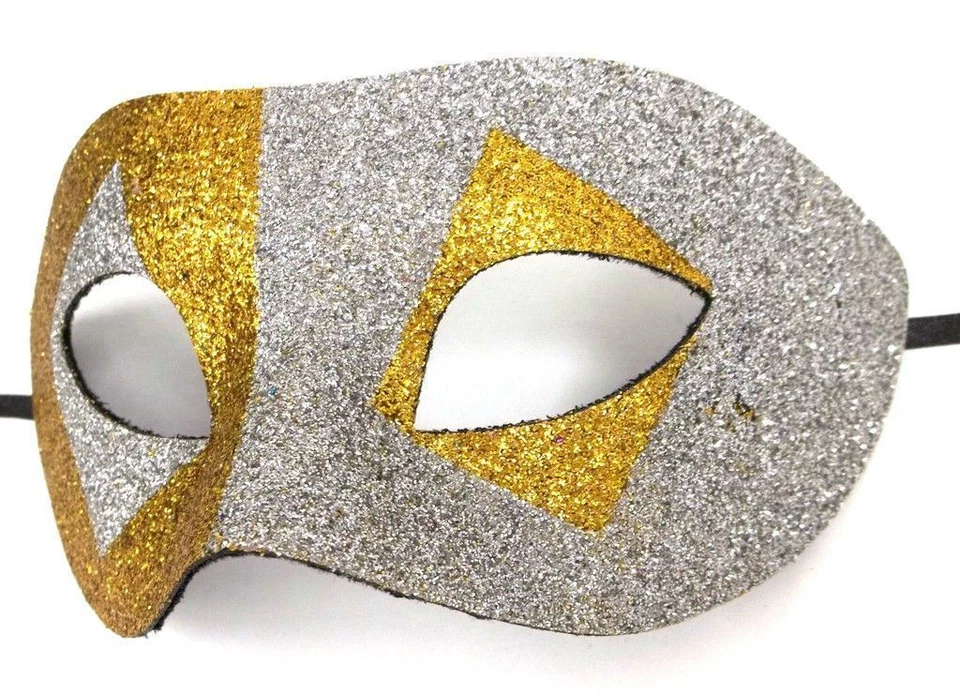 Máscara de baile de baile de diamantes con brillo dorado plateado para hombre Foto 3 de 4