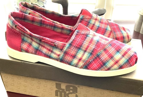 LAMO Espadrilles Boat Shoes Loafers Flat Size 9 Red Blue Tan Plaid Fabric