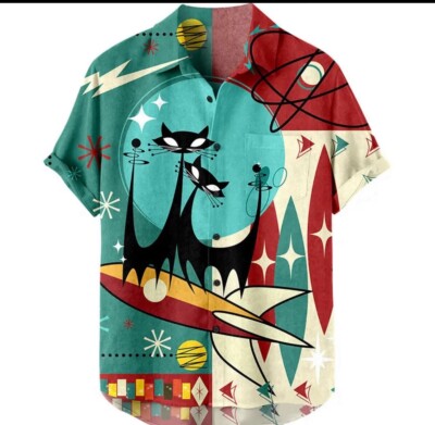 Shirt Size large Hawaiian 50 s Cat Shirt Space Button Down Bowling New