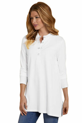 TUNIC/TOP LADIES ''X Small (0-2)'' WHITE SNAP BUTTON NECK LONG SLEEVE TUNIC/TOP