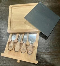 Utopia Kitchen Cheese Board and Cutlery Knives Set New Natural Oak 8x8