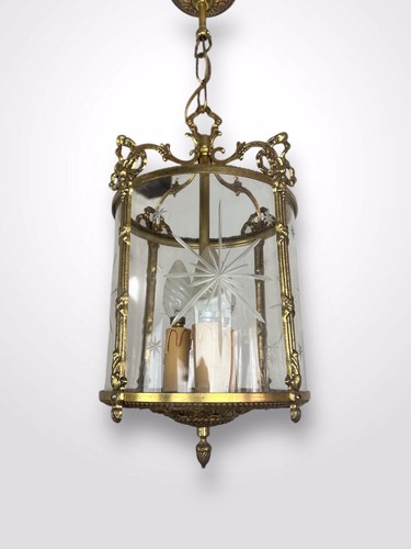 Vintage French Gilt Bronze Hall Lantern With Etched Glass Panel - Picture 7 of 9