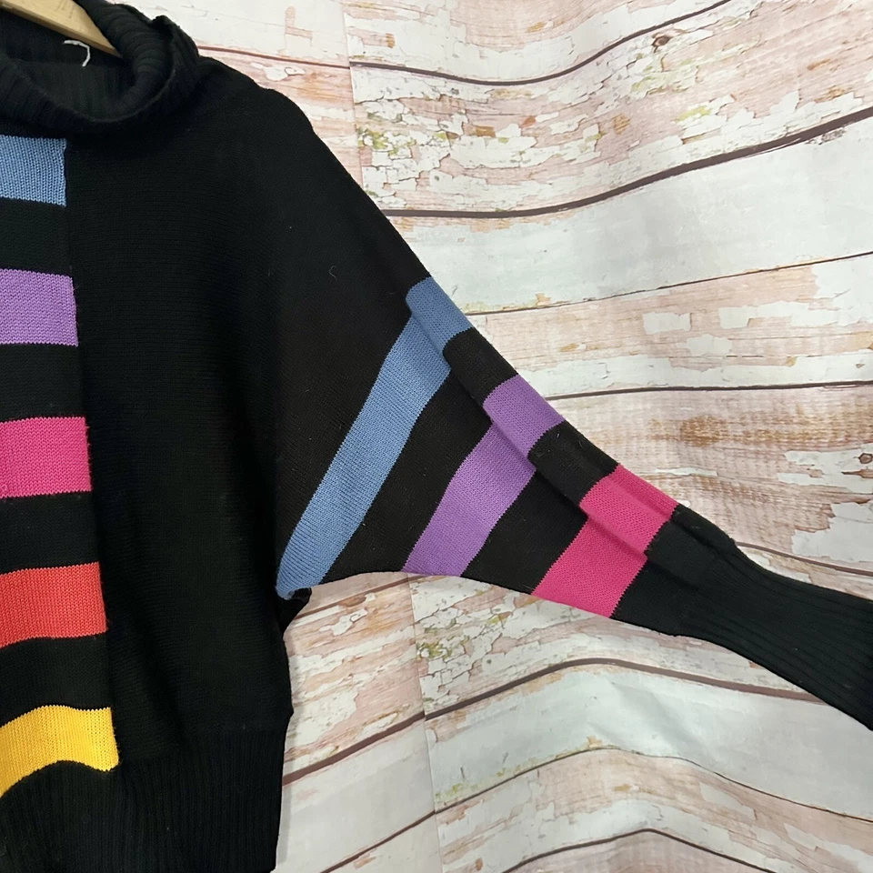Suéter Vintage Colorido Rayas Cuello Alto Hombro Caído Arco Iris Capucha Acrílico M Foto 3 de 4