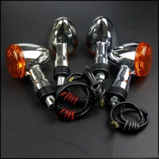 2 Pairs of Motorcycle Turn Signals Amber Chrome Bullet Front Rear US Stock New