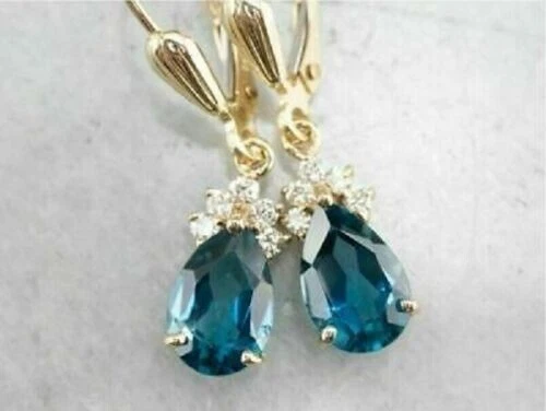 4Ct Oval Cut London Blue topaz Drop/Dangle Women's Earrings 14K Yellow Gold Over - Image 4 of 4