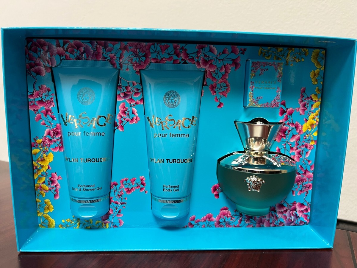 VERSACE POUR FEMME DYLAN TURQUOISE 4 PIECE:3.4 EDT Sp,3.4 Gel,3.4