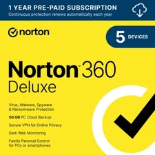 2026 Norton 360 Deluxe 5 Devices 50GB PC Cloud Storage; No Box; Code Only mailed