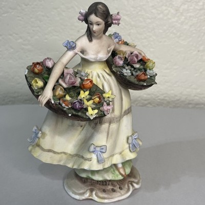 Vintage Lefton China Victorian Lady in Dress Basket of Flowers 4047 Hand Painted