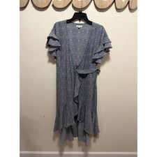 Max Studio Blue Floral Medallion Ruffle Wrap Dress High Low Midi Medium