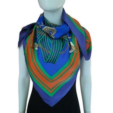 LAUREN RALPH LAUREN Horsebit Crest Equestrian Silk Scarf 37x37" Blue/Green/Multi