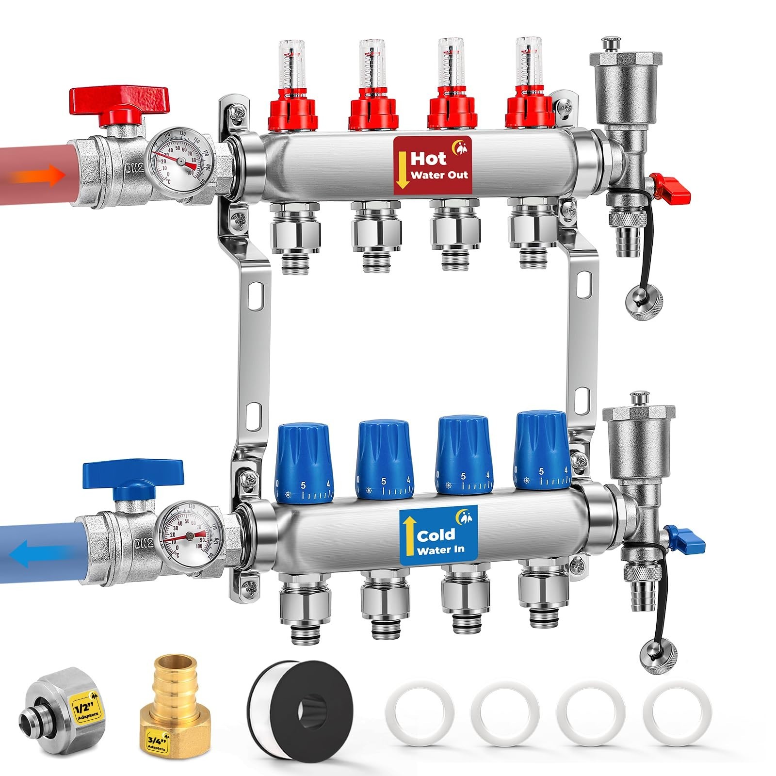4 Branch PEX Manifold Kit Radiant Floor Heating Stainless Steel 1/2 3/4 Adapters
