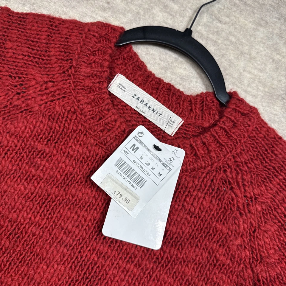 Suéter Zara Tejido Cuello Redondo Talla Mediana Rojo Mezcla Lana Foto 3 de 4