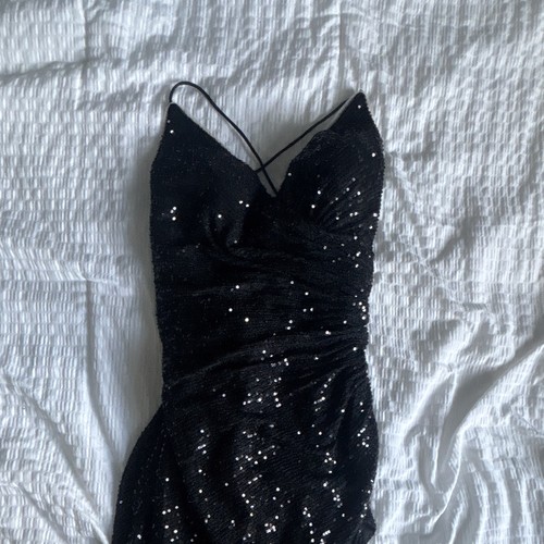 Women's Black Sequin V-Neck Strappy Maxi Dress w/ Side Slit Lace-Up Size S