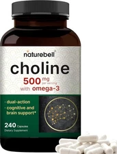 Choline Supplements 500mg with Omega-3 Fatty Acids, 240 Capsules | High Potency
