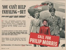 1942 Philip Morris Cigarettes - United Air Lines Plane, Pilot - Print Ad Photo