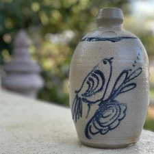 Rowe Pottery Works 1980s Blue Bird Salt Glaze Stoneware Jug Crock