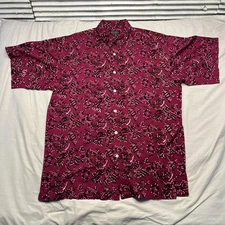 J Peterman Shirt Mens Large Purple Black Abstract Print Button Up Short Sleeve