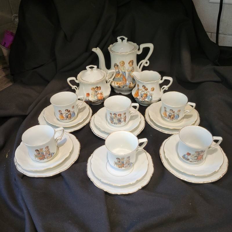 Antique Porcelain Child’s Tea Set w/Children Washing & Playing 23 Piece Germany 