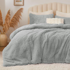 Grey Fluffy Comforter Set Queen Size, Fuzzy Faux Fur Comforter Bedding Set, Ultr