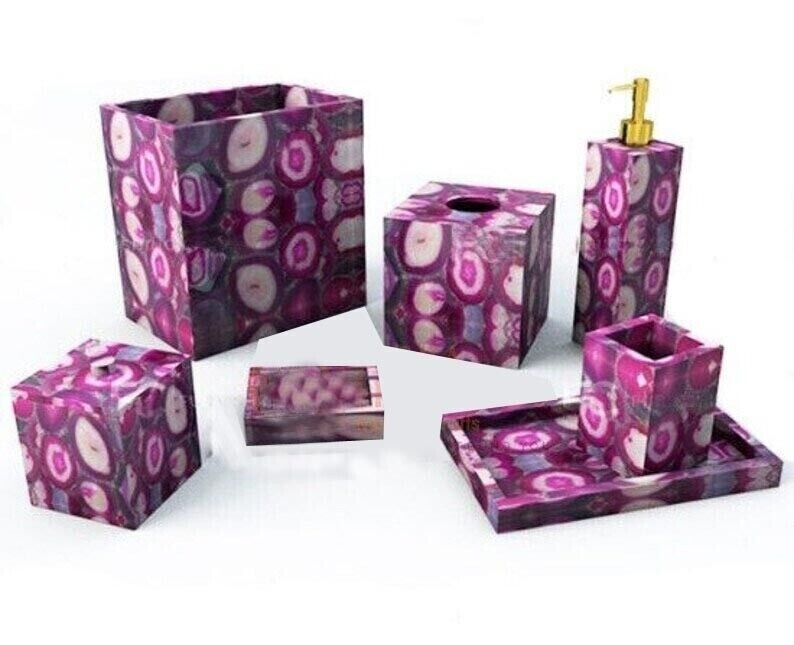 Set of 7 pcs Pink Agate Stone bathroom Set Handmade Luxury bathroom set
