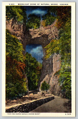 Linen Moonlight Scene Natural Bridge Virginia Postcard Norfolk Railway c1940s