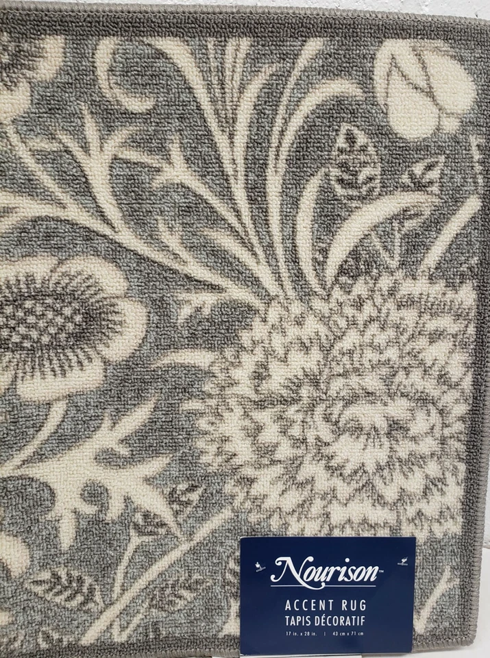 ALFOMBRA DE NYLON IMPRESA (antideslizante)(18x30") FLORES BLANCAS SOBRE GRIS, bordes grises, sin precio base Foto 2 de 4