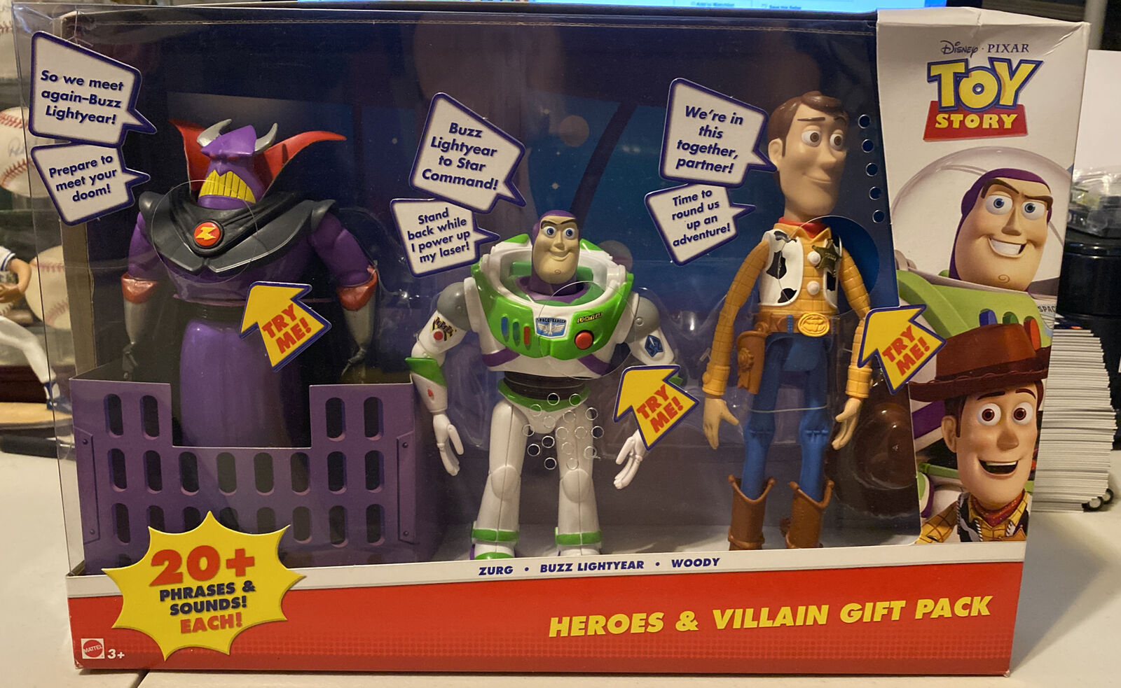 NIB Rare TALKING Toy Story HEROES VILLAIN GIFT 3-PACK FIGURES Woody ZURG Buzz