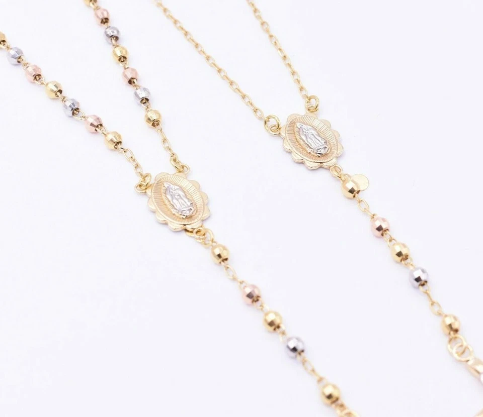 4mm Tri-Color Diamond Cut Cross Rosary Crucifix Necklace Real 10K Tri Color Gold - Image 3 of 4