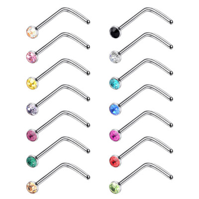 14× 20G Surgical Steel Nose Rings Multi-Color CZ L Shaped Studs Piercing Set