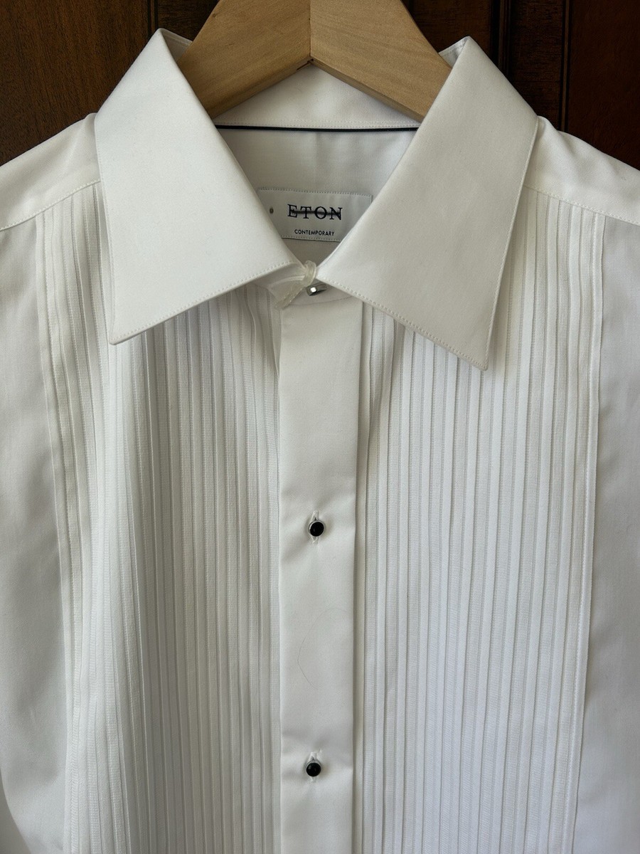 Tシャツ・カットソー PLAIN FW25 SILK SATIN SHIRT (44942094 901) NWT ETON Plisse Contemporary Fit Men's Size 17.5-44 Tuxedo
