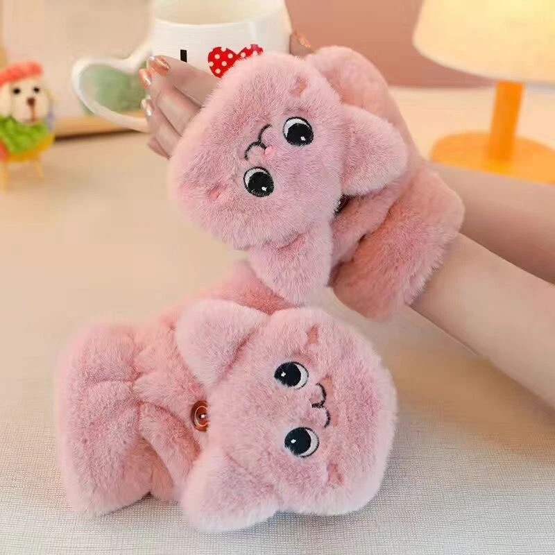 Women Faux Fur Rabbit Mittens Fluffy Fingerless Mittens Winter Warm Plush Gloves - Image 3 of 4