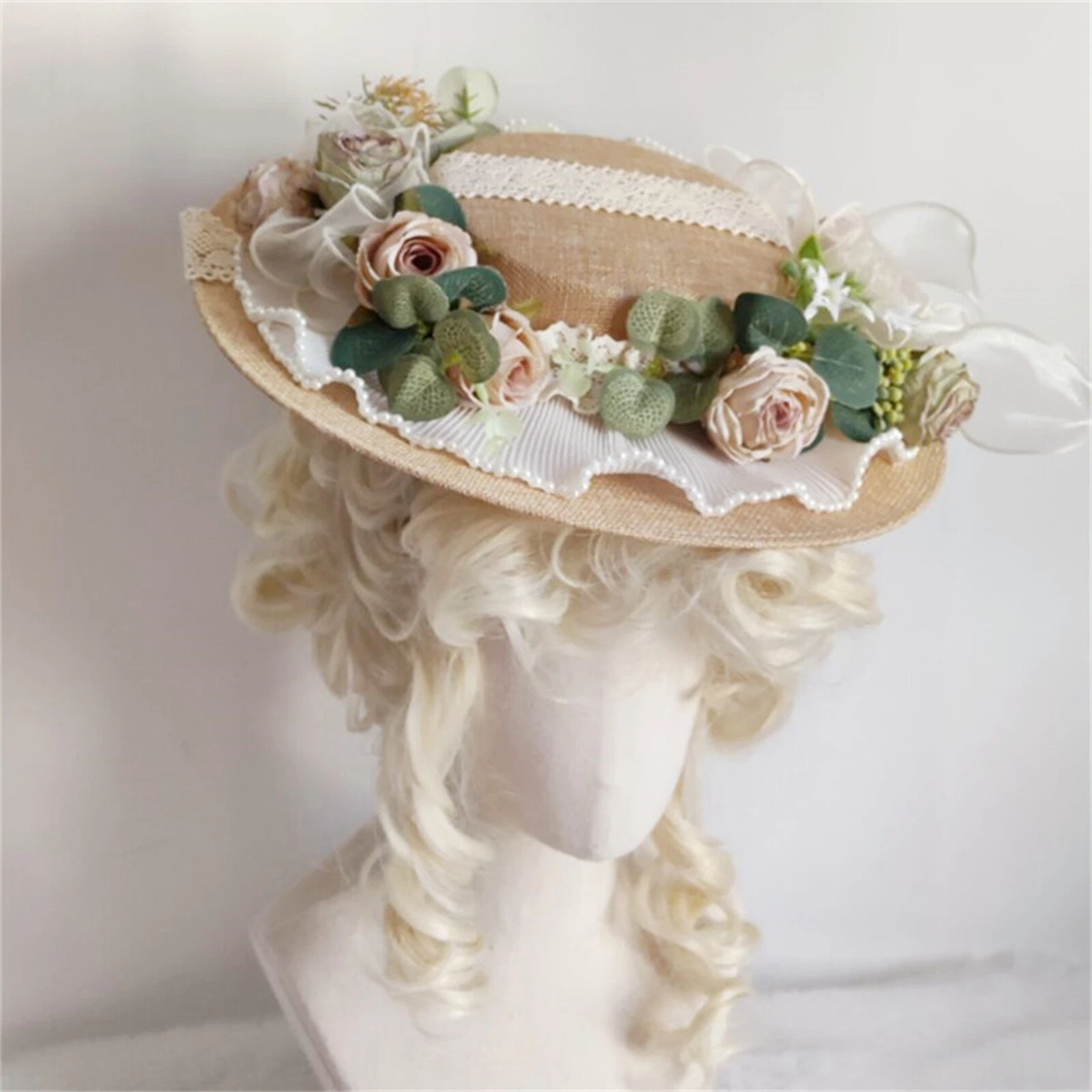 Girls Women Victorian Tea Party Sun Hat Bow Flower Straw Hats French Hat Vintage