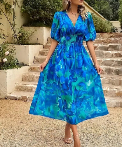 Womens Floral Print Spring High Waist Dress Elegant Female Maxi Long Dresses - Picture 29 of 36