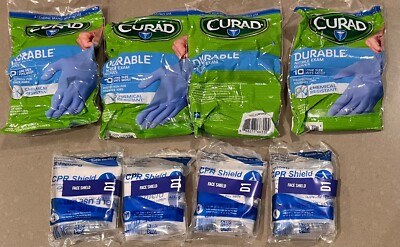 Lot of 4 DYNAREX CPR Face Shield + (4) 10 Packs of Curad Durable Nitrile Gloves