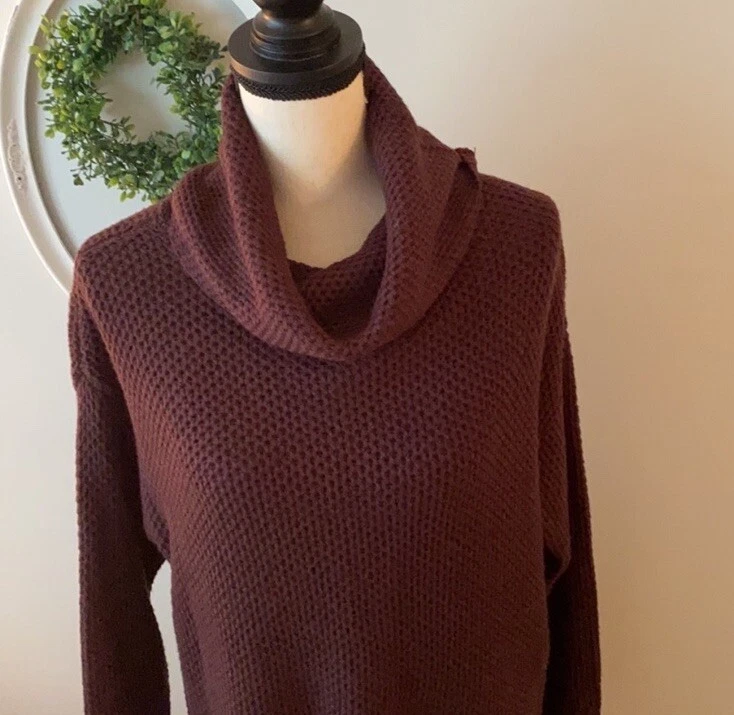 Sanctuary Cowl Neck Tunic Sweater Size XS Waffle Knit In Wine Relaxed Fit Flaw - Image 2 of 4