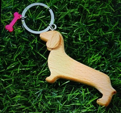 DACKEL HUND HOLZ & rosa Knochen SCHLÜSSELRING süß neu Geschenkartikel