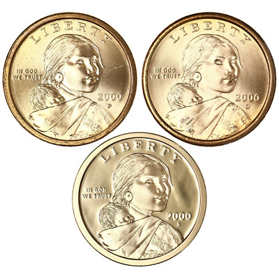 2000 P D S Native American Sacagawea Dollars BU & Gem Proof 3 Coin Set