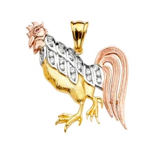 Ioka - 14K Tri Color Gold CZ Rooster Charm Pendant For Necklace or Chain