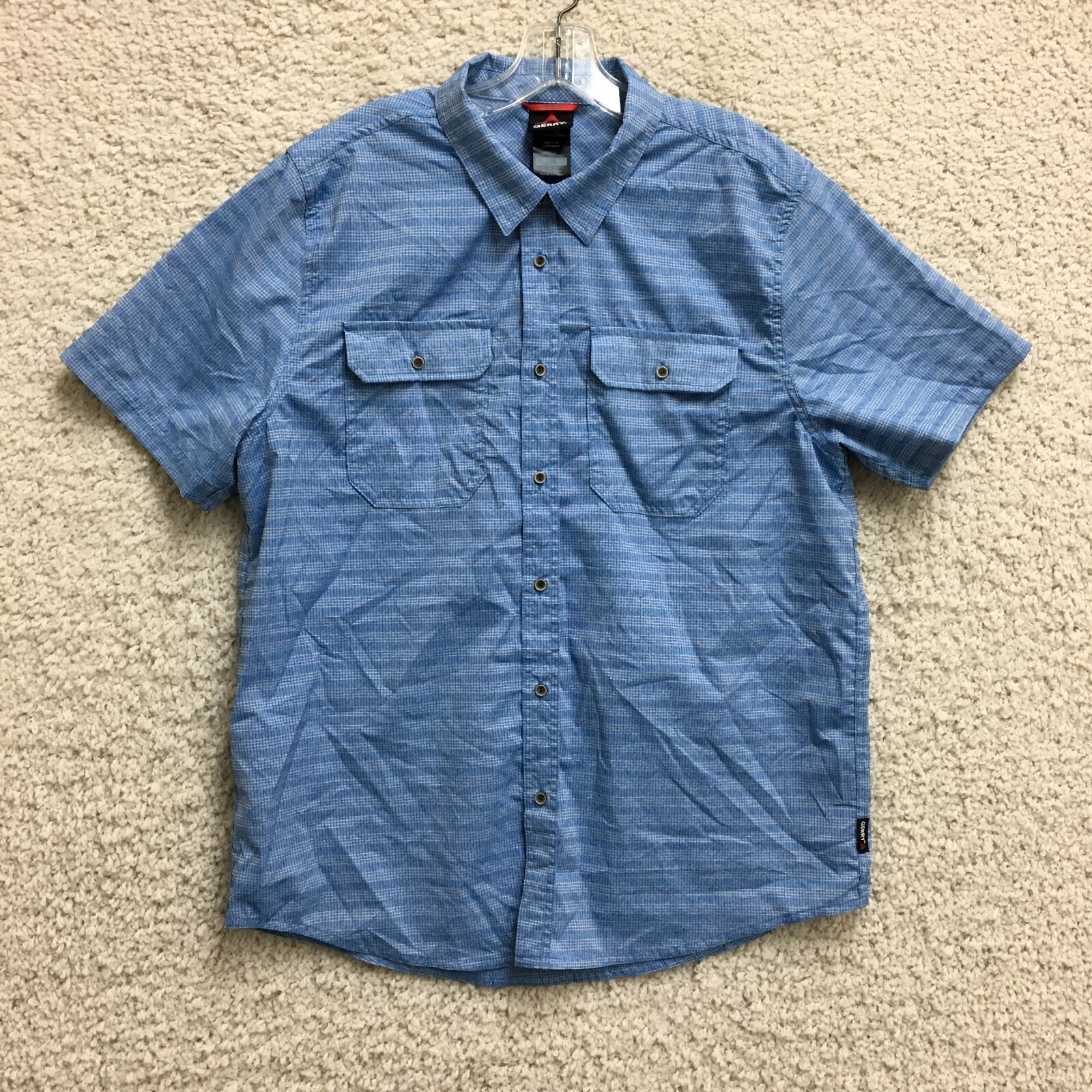 Gerry Button Up Shirt Large Adult Blue Striped Short Sleeve Casual Pockets Mens