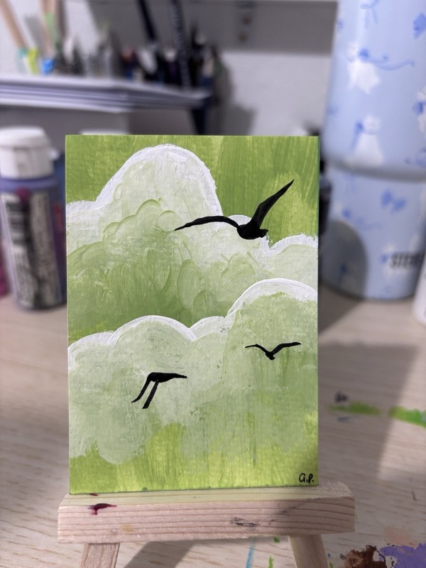 ACEO Original Art, Cloudy Sky With Birds, Acrylic Painting