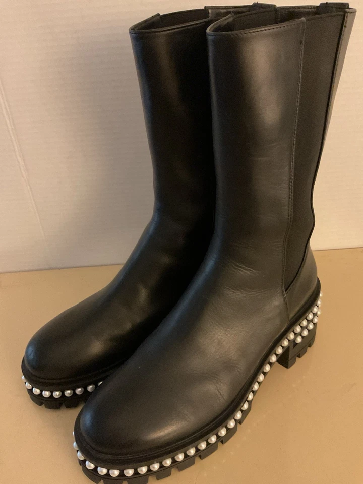 Женские черные кожаные сапоги Stuart Weitzman Chelsea Soho с жемчужной отделкой размер 9 евро 40 - Изображение 2 из 4
