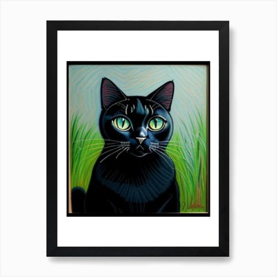 Schwarze Katze mit grünen Augen AI Look ein gerahmtes Wandbild Poster Leinwanddruck Bild