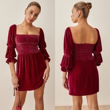 Reformation NWT Albi Smocked Bodice Velvet Mini Dress Small Petite Crimson Red