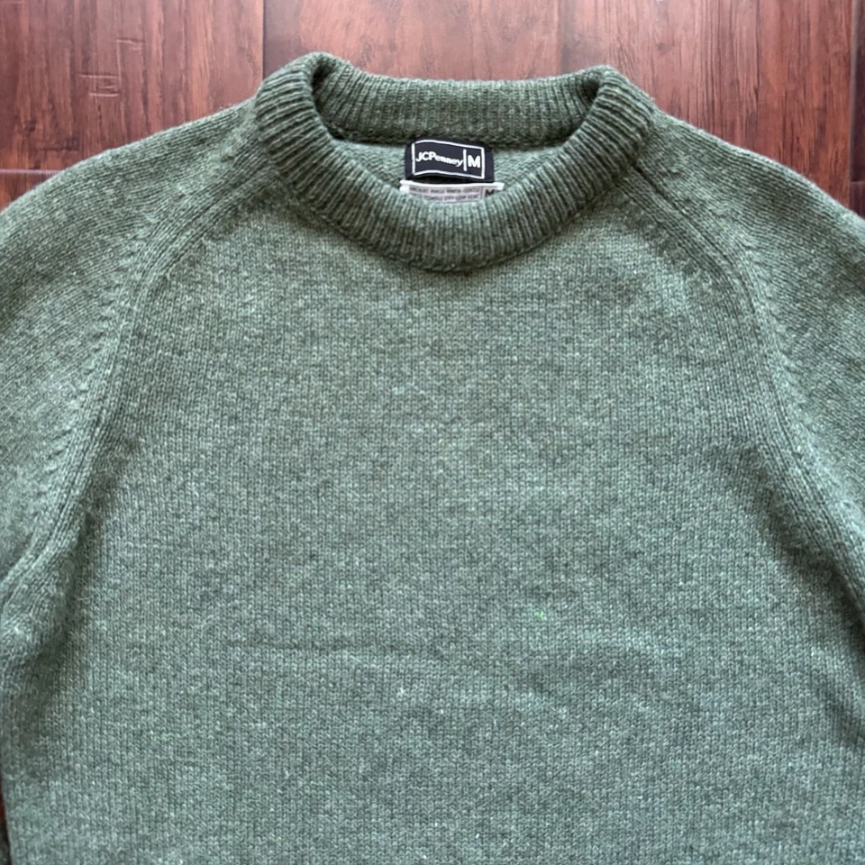 VTG JCPenny Men’s Shetland Wool Crewneck Sweater Green Full Fashioned Medium - Image 3 of 4