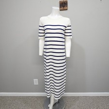 J Crew Sweater Dress Small White Blue Striped Midi Short Sleeve Preppy Old Money