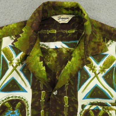 VINTAGE 1960s Hawaiian Shirt Mens Medium 20x27 Tiki Tribe Border Loop Collar