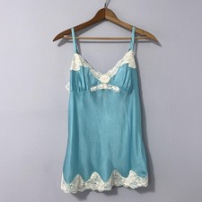 Vintage Silk Camisole Women Large Blue Lace Trim Lingerie American Exchange Y2K