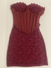 Fashion Nova Lace Corset Mini Bodycon Dress Burgundy XS Strapless Ruffle