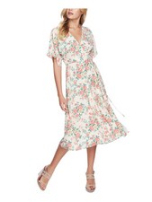 1. STATE Womens Ivory Tie Printed Flutter V Neck Midi Wrap Dress 2