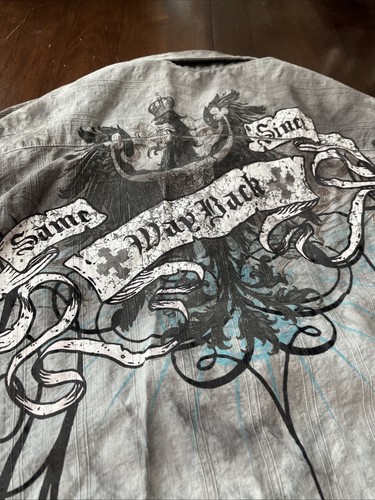 Men’s Helix Gray Gothic Grunge Archaic Punk Affliction Style Button Up Shirt Y2K - Picture 7 of 7